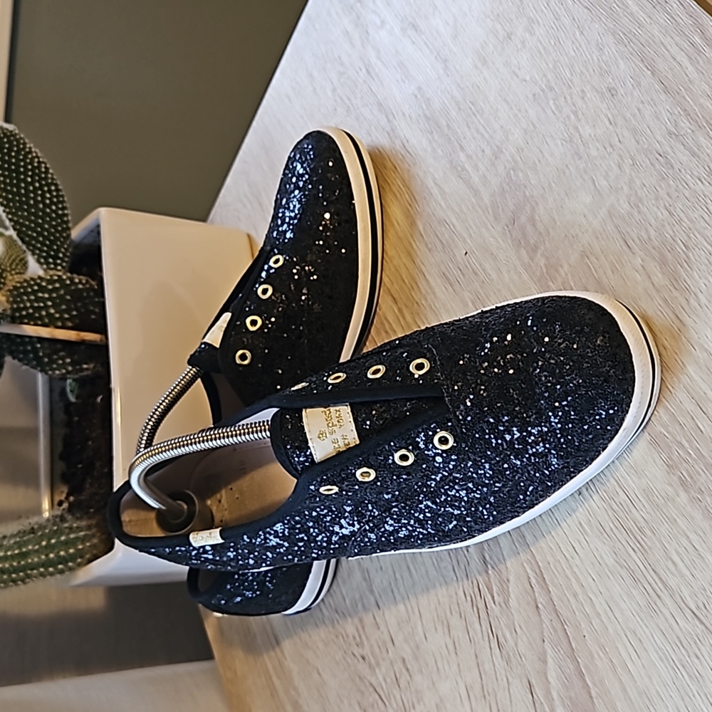 Keds Black Glitter Slip-On Sneakers with Gold Eyelets